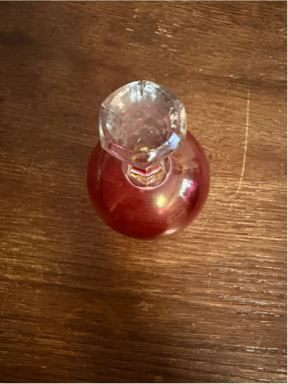 Vintage Cranberry Art Glass Bell Etched Floral Design Clear Handle Hanging Glass